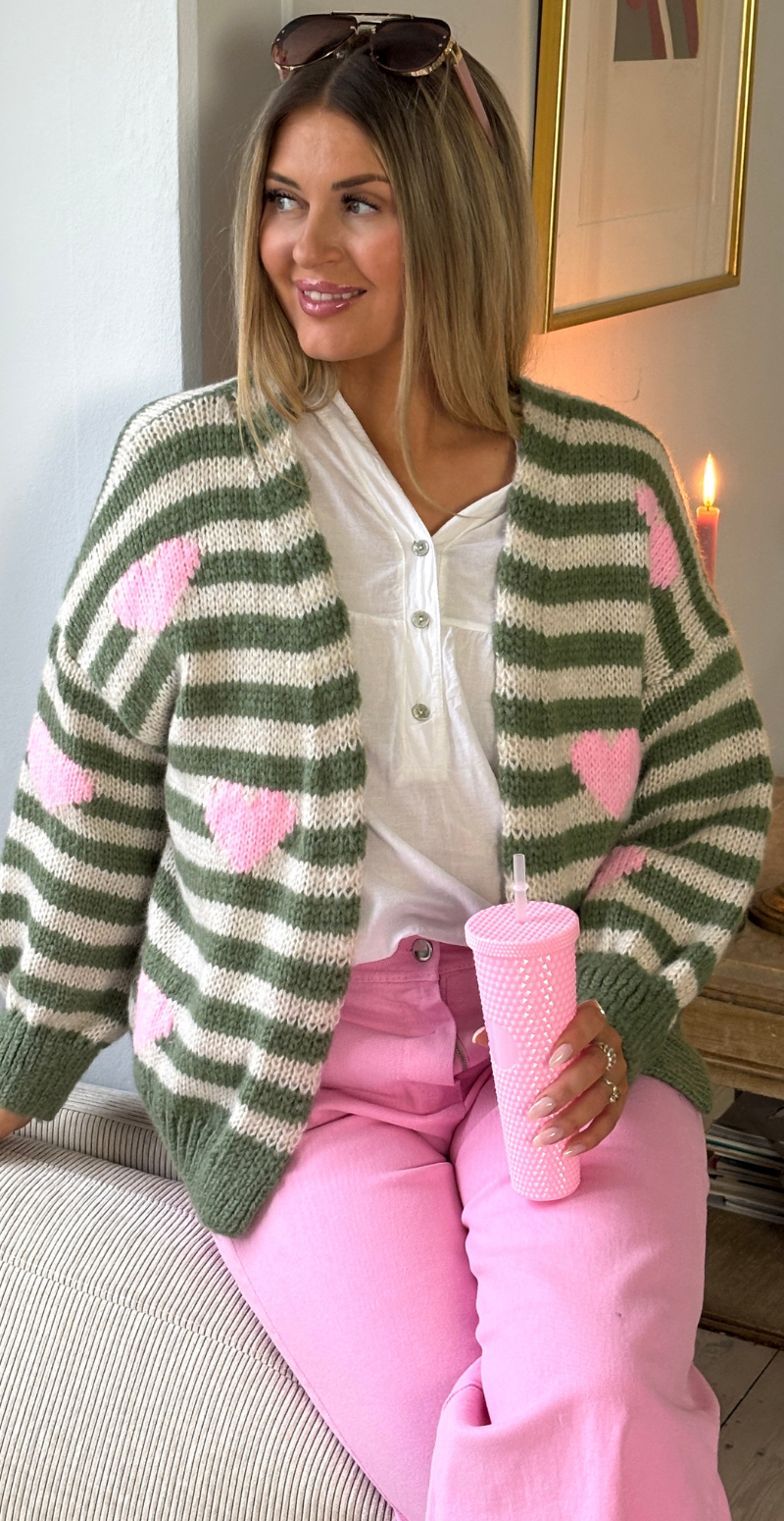 Marlene strik cardigan med striber og hjerter militare LikeLondon