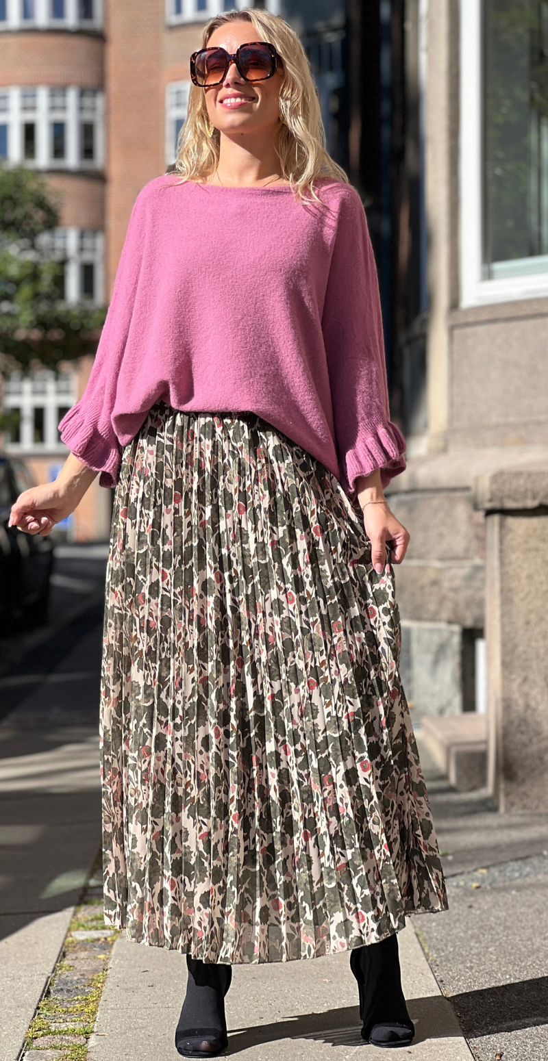 Robyn plisseret nederdel med blomstermønster khaki LikeLondon