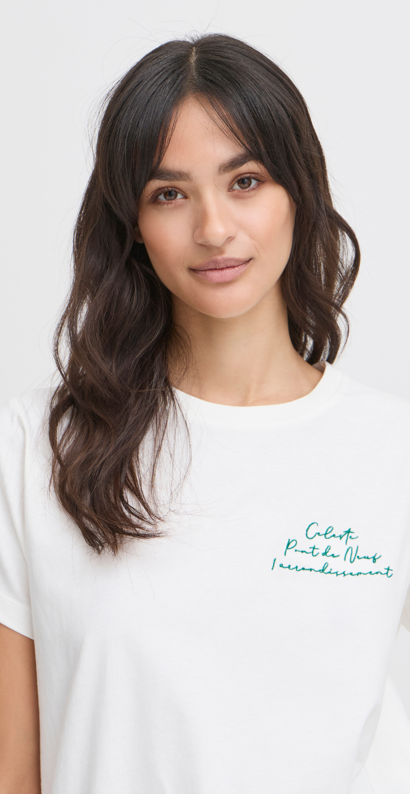Seleste bluse med rund hals og tekst marshmallow B.young