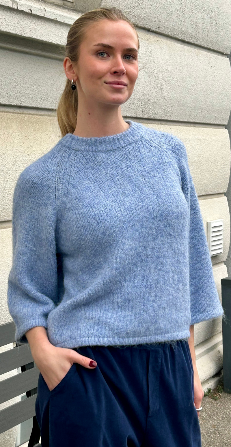 Lullo strik med 3/4 ærmer vista blue melange FreeQuent