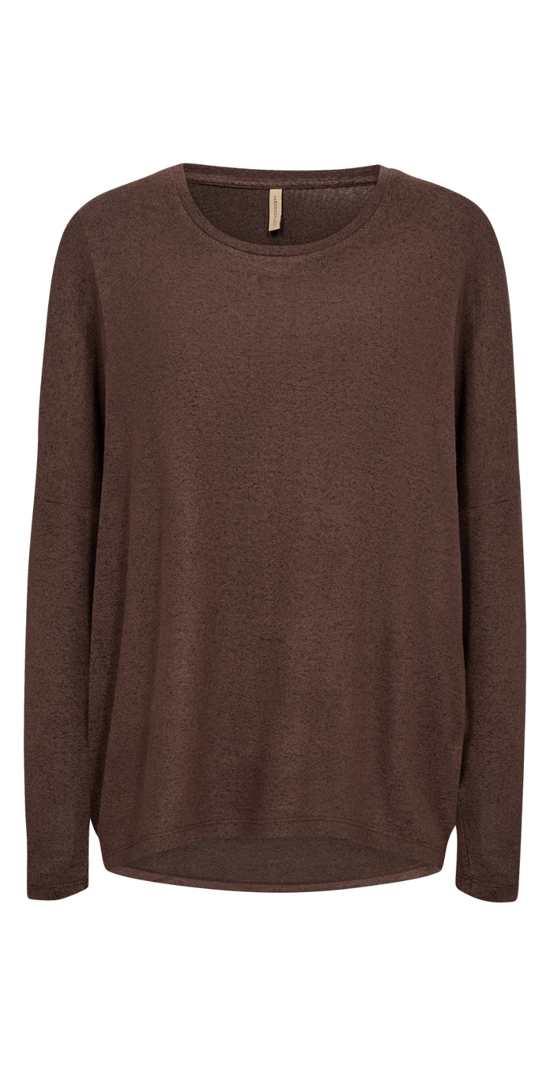 Olivia strikbluse med rund hals coffee bean