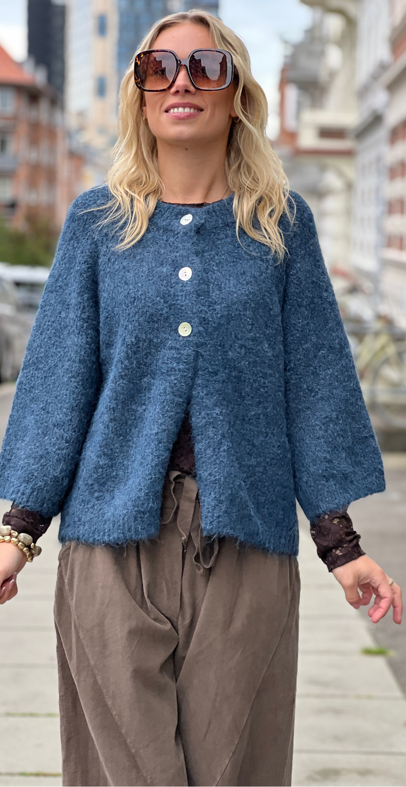 Lulu ensfarvet cardigan med 3/4 ærmer moonlit ocean melange Freequent
