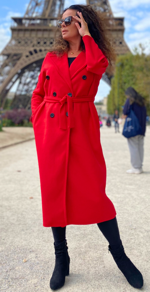 Frakke med bindebånd i taljen rød Likelondon