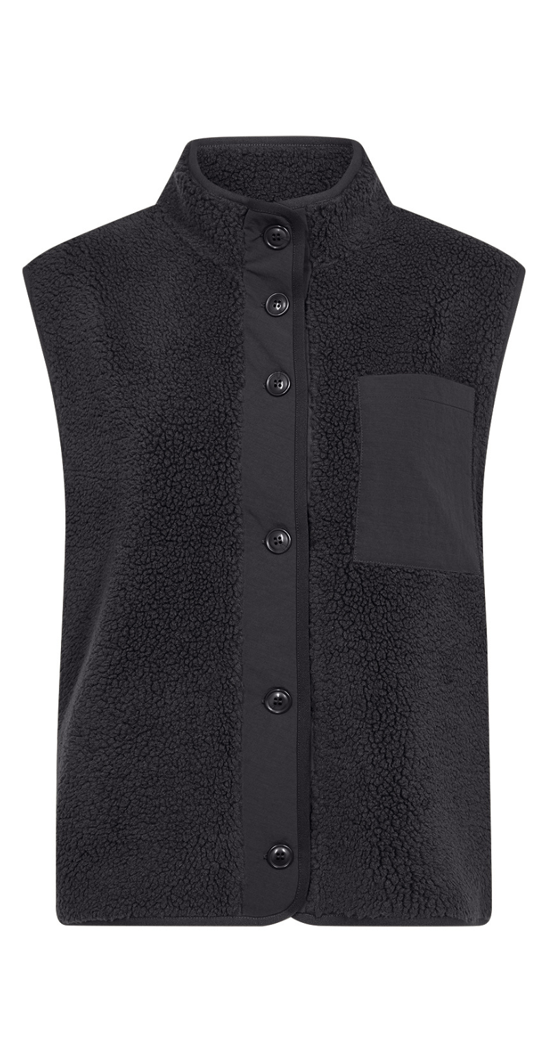 Onyx vest I teddy med brystlomme og knapper sort Soyaconcept