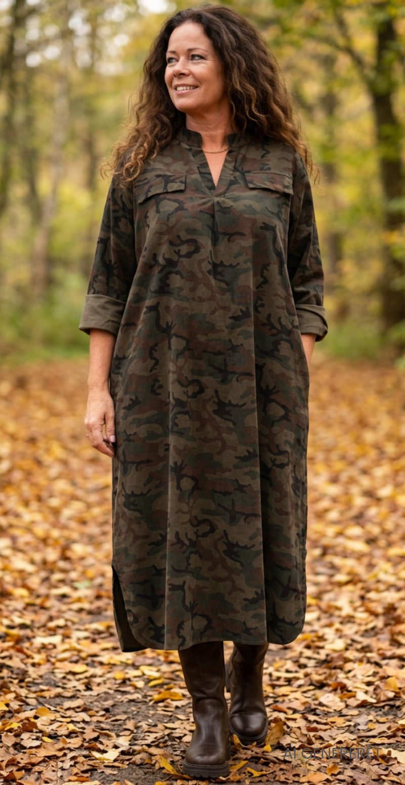 Augusta fløjlskjole med camouflage og lommer camouflage brun LikeLondon