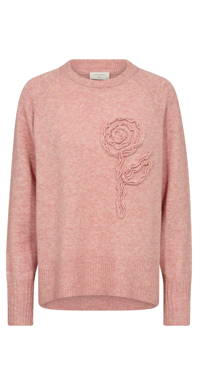 Vidoo strik pullover med broderet blomst gammelrosa