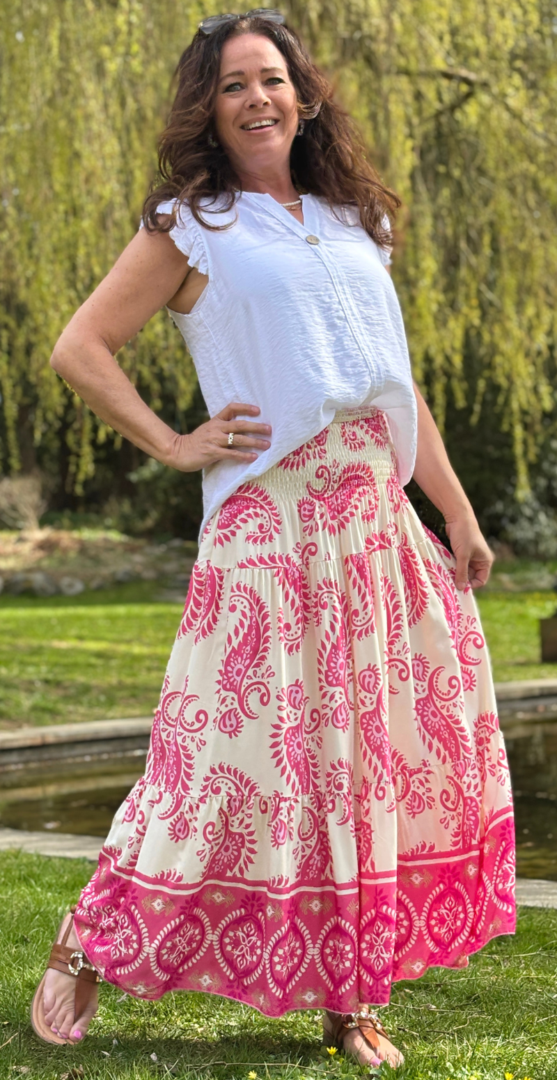 Jackie nederdel med paisley print pink LikeLondon