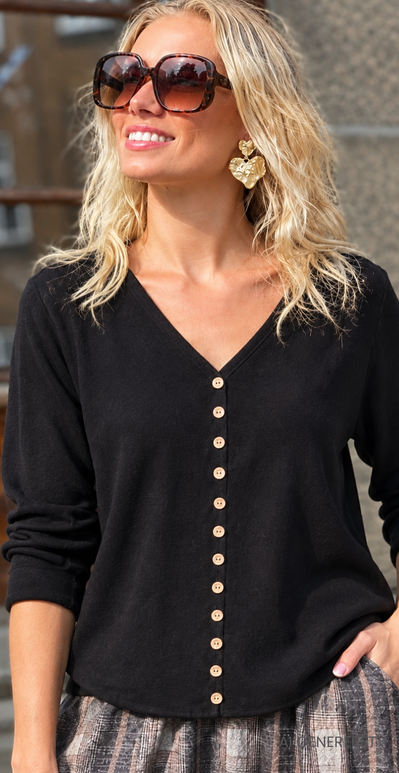 Josephine bluse med pynteknapper sort LikeLondon