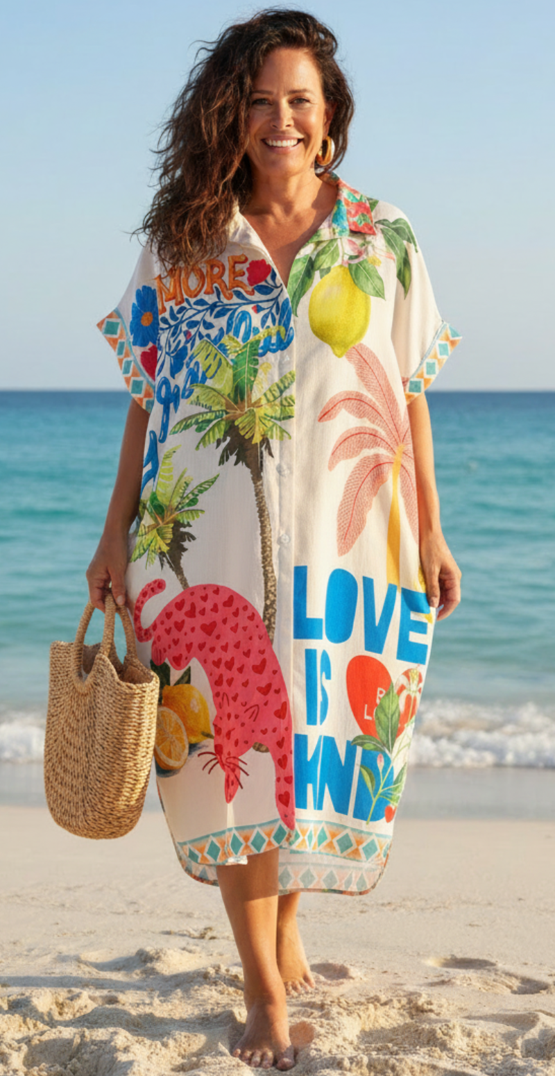 Zembla gennemknappet kjole med citroner og palmer hvid LikeLondon