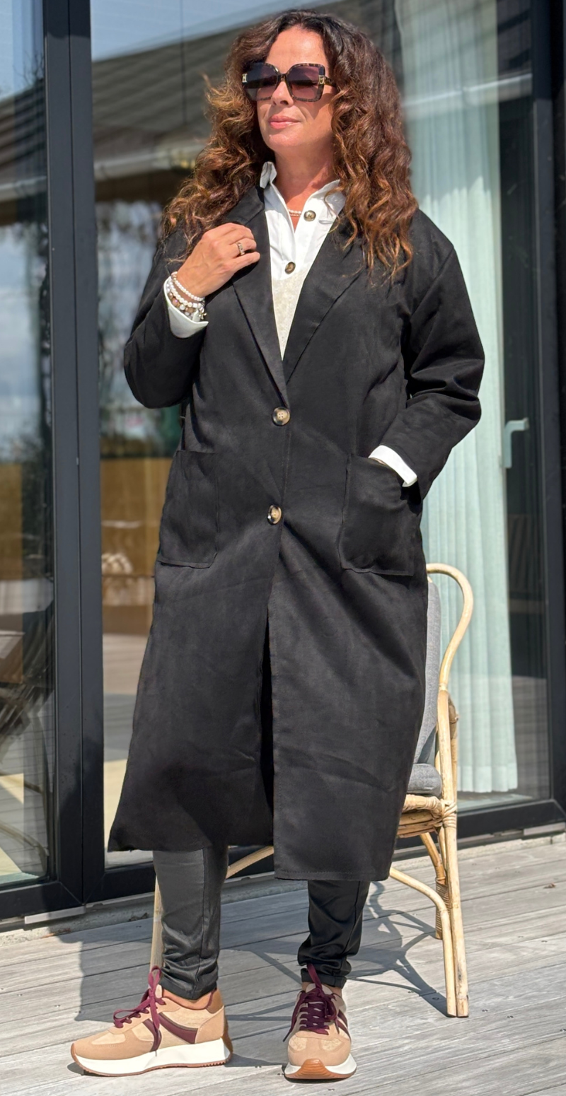 Kamella lang jakke i ruskindslook med knapper sort LikeLondon