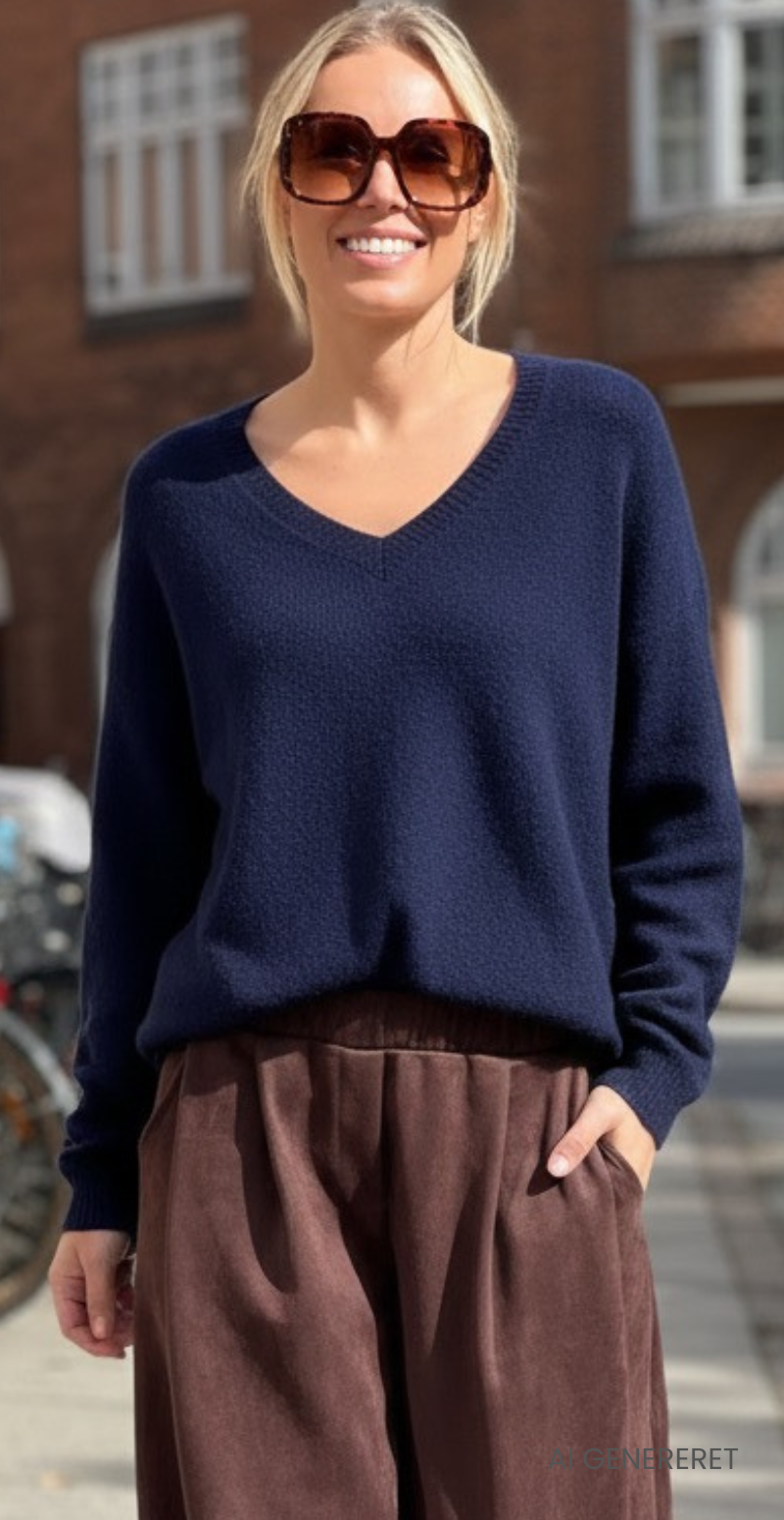 Karen strikbluse i baby alpaca uld med v-hals navy LikeLondon