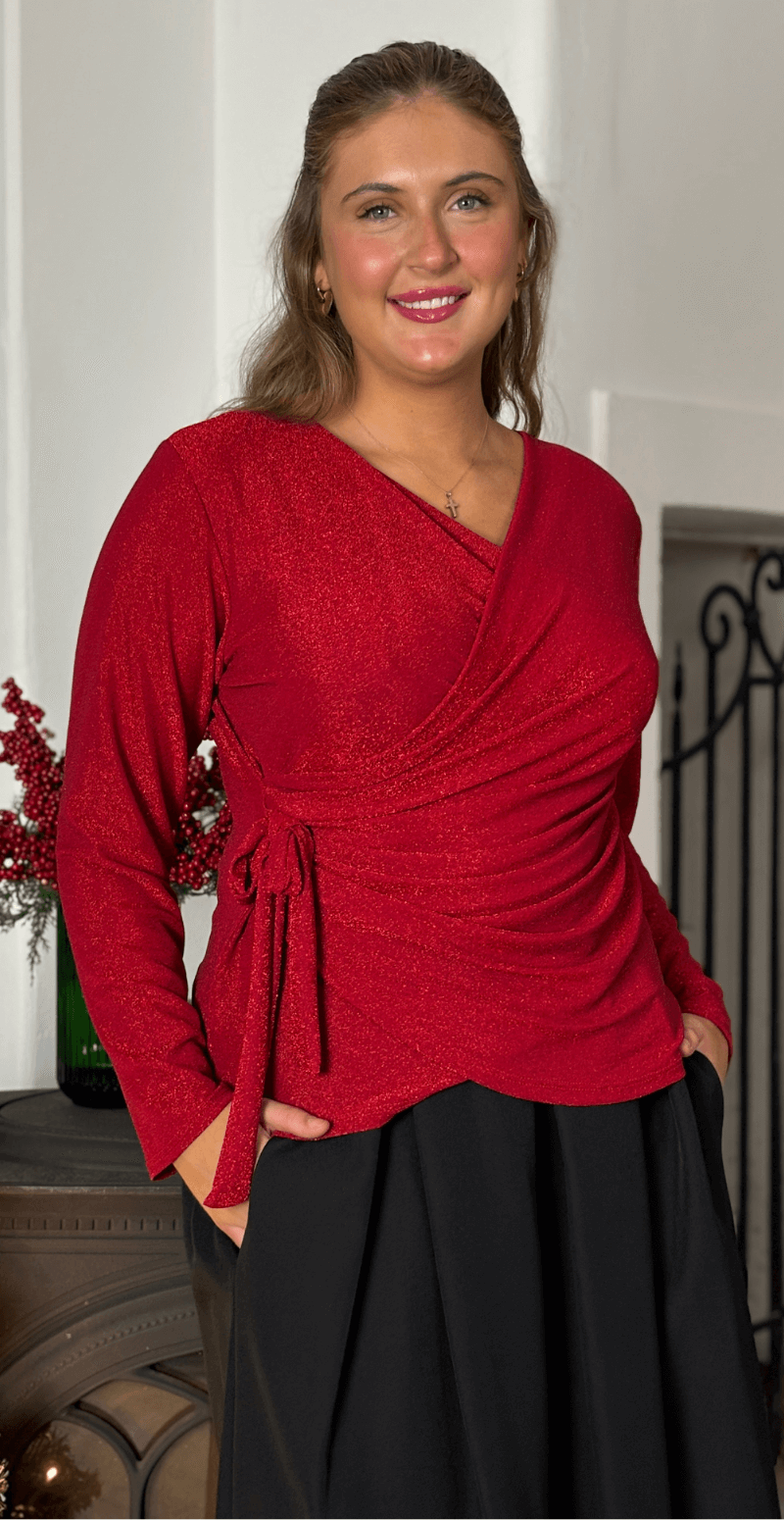 Nela glimmer bluse med wrap-effekt rød LikeLondon