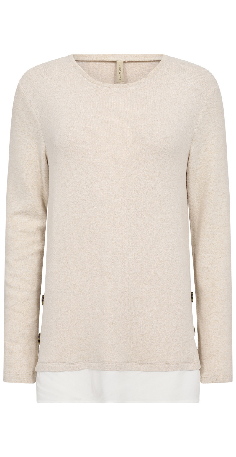 Olivia strikbluse med skjortekant beige