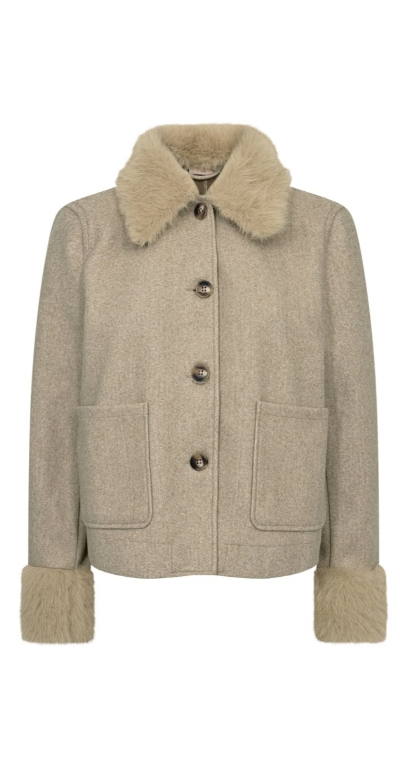 Yanna jakke med imiteret pelskant silver mink melange Freequent