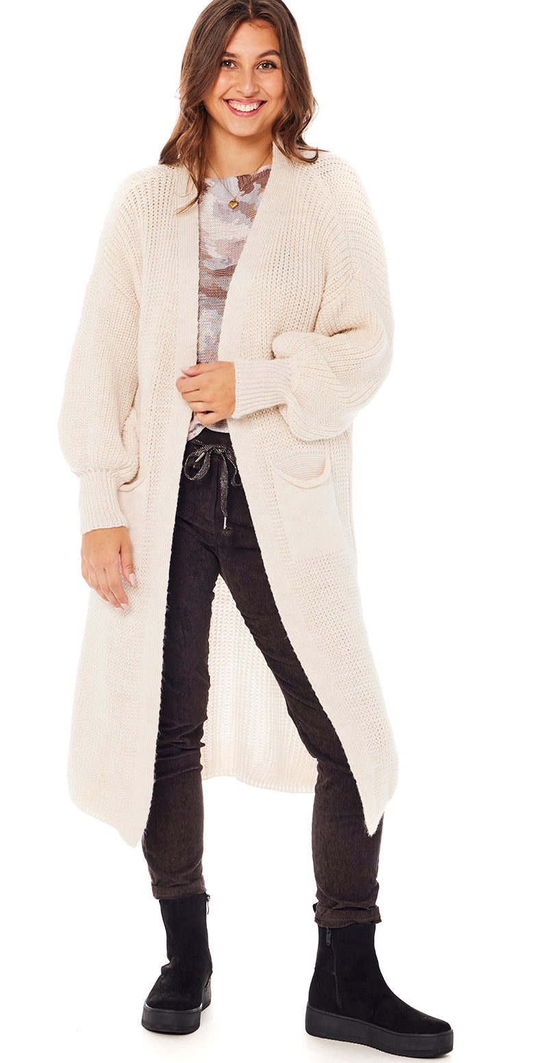 Lang strik cardigan med lommer cream Likelondon
