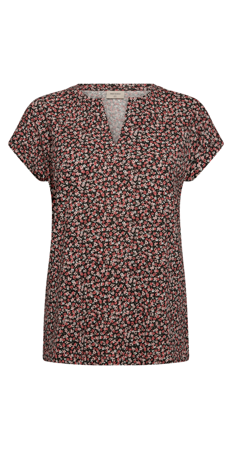 T-shirt med små blomste coral w. black