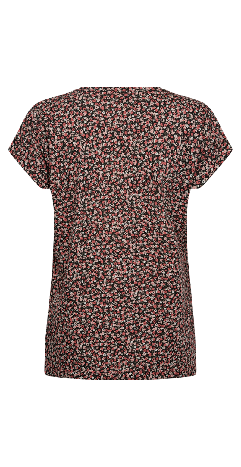 T-shirt med små blomste coral w. black