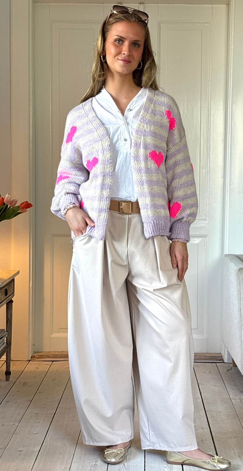Marlene strik cardigan med striber og hjerter lilla LikeLondon