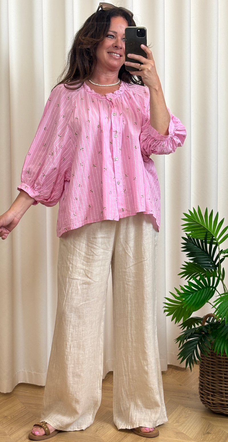 Emmy bluse med striber og små blomster pink LikeLondon