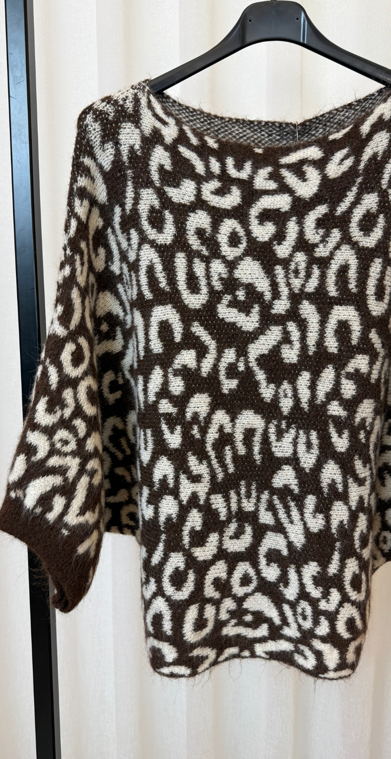 Sandra uldstrik med flagermusærmer og leopard mønster brun LikeLondon