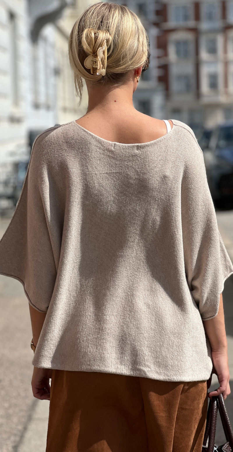 Lonnie strik med 3/4 ærmer og pailletter beige LikeLondon
