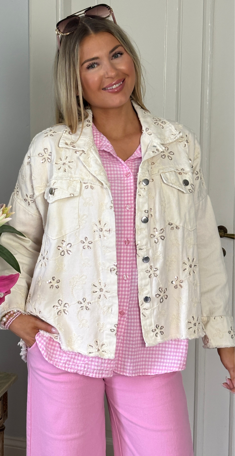 Laney canvas jakke med broderede blomster og pailletter creme LikeLondon