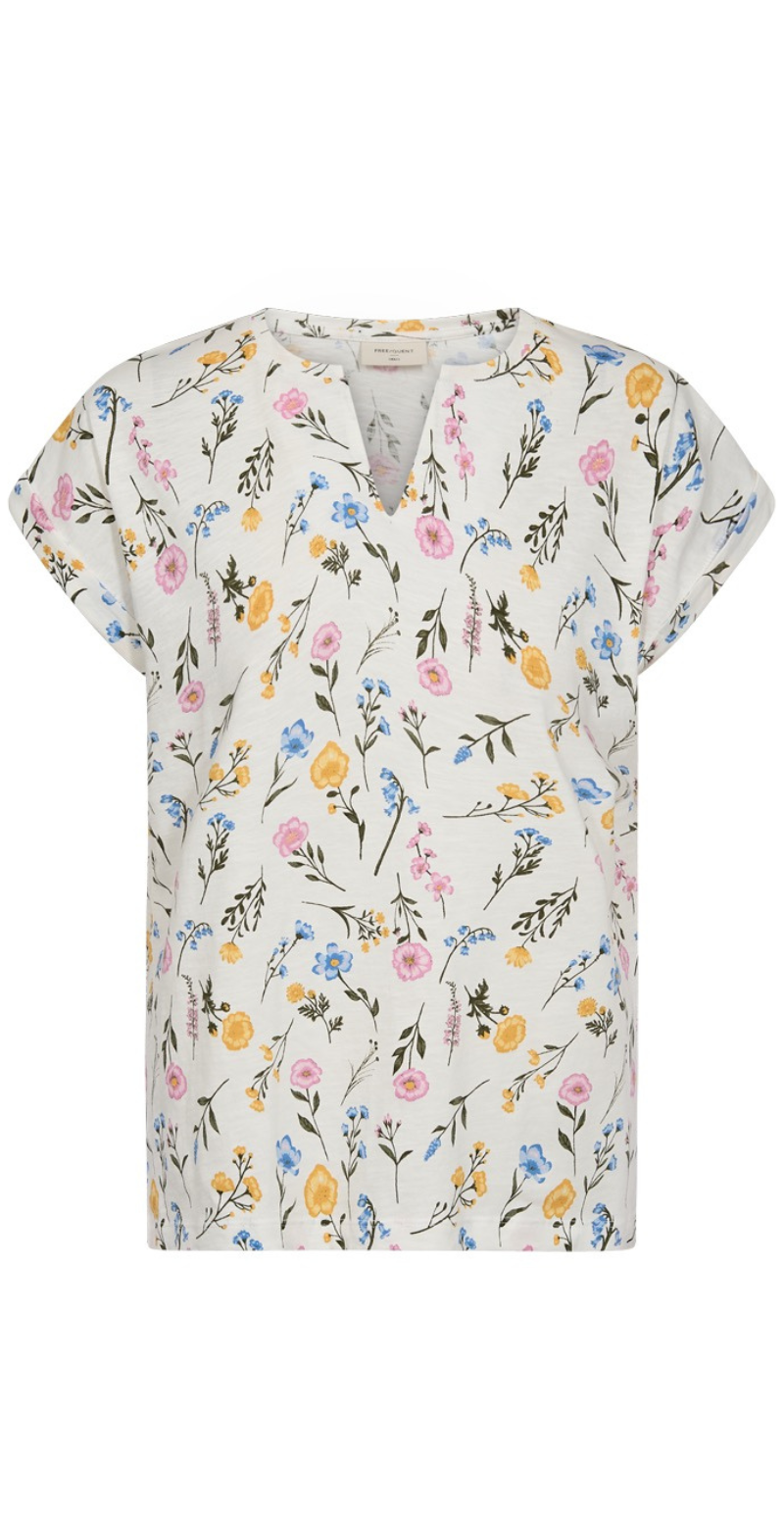 Viva T-shirt med v-hals og blomster star off-white w. golden haze Freequent