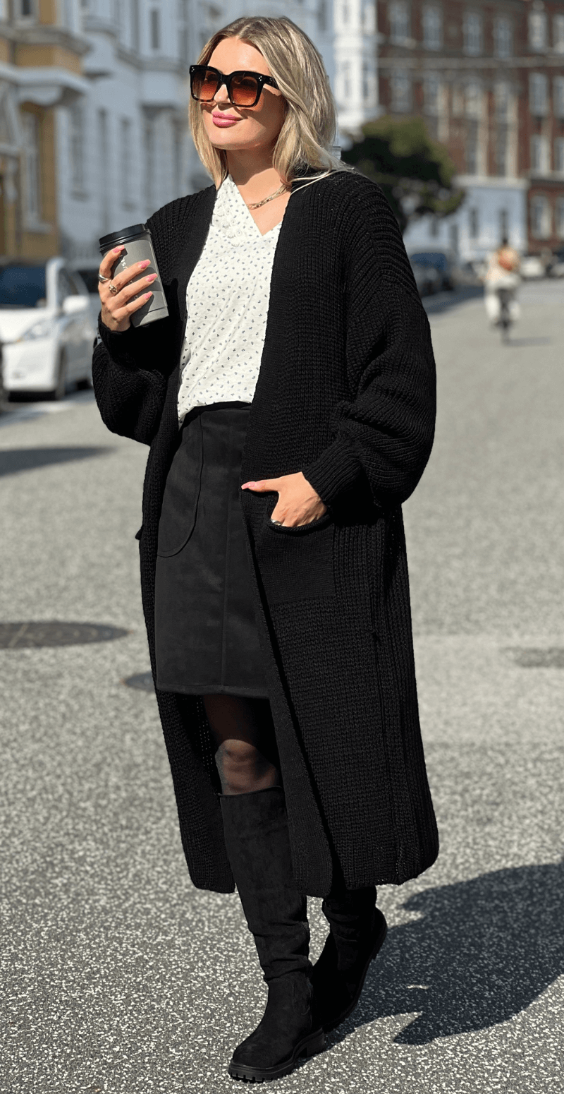 Forudbestil uge 38 Asta lang strik cardigan med lommer sort Likelondon