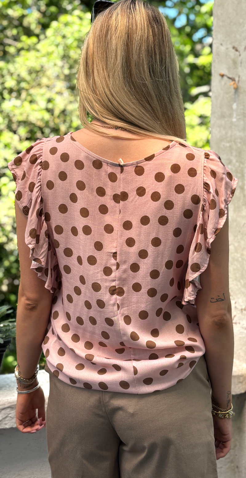 Emmy bluse med prikker og flæseærmer rosa LikeLondon