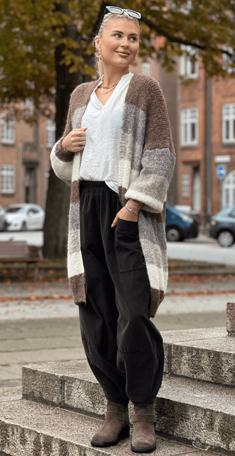 Rita uldcardigan med striber og ribkant brun LikeLondon