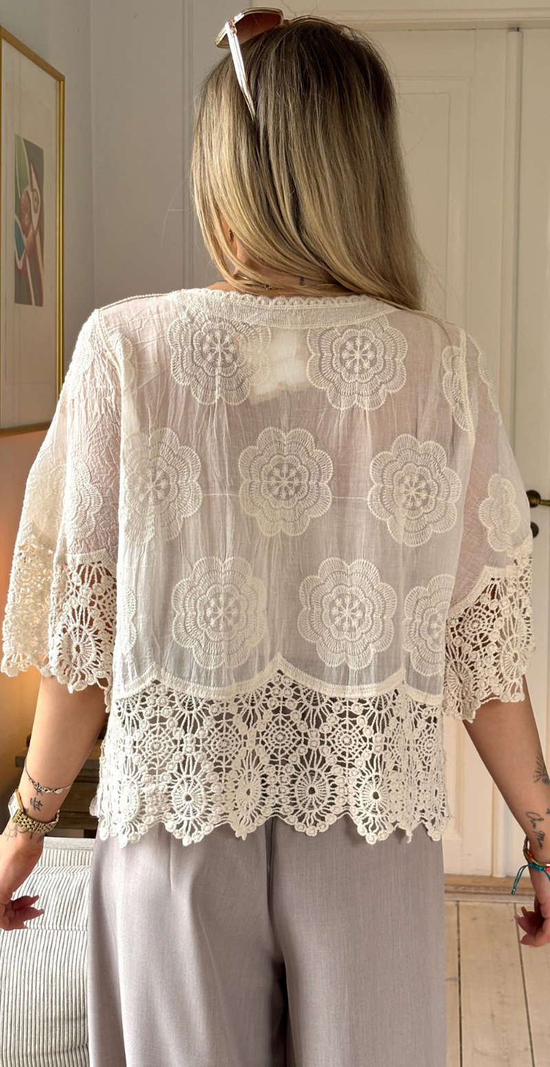 Silvia cardigan med 3/4 ærmer og hæklede kanter beige LikeLondon