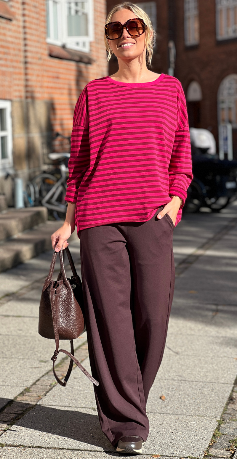 Zenia bluse med lange ærmer og striber wine red/peach red LikeLondon
