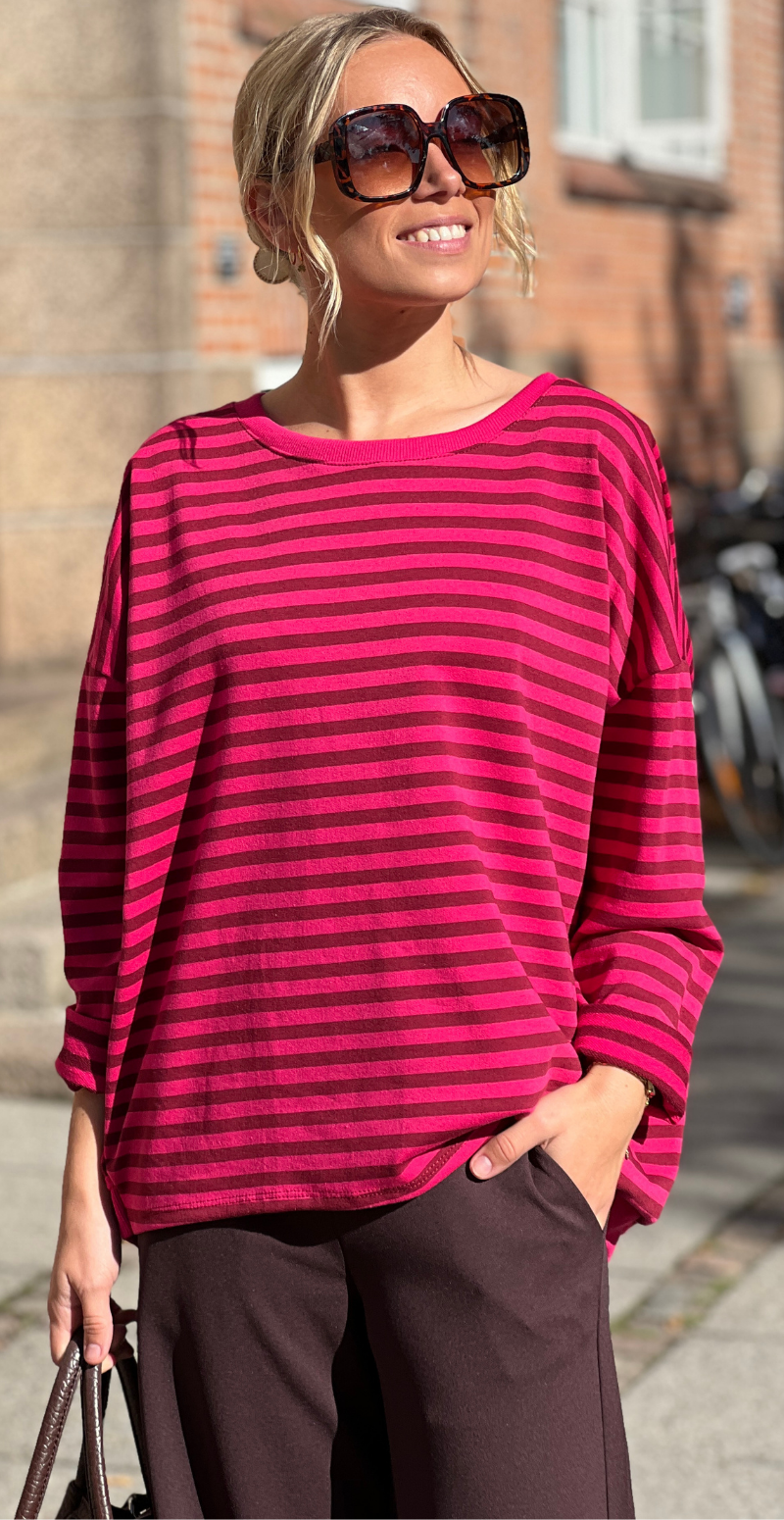 Zenia bluse med lange ærmer og striber wine red/peach red LikeLondon
