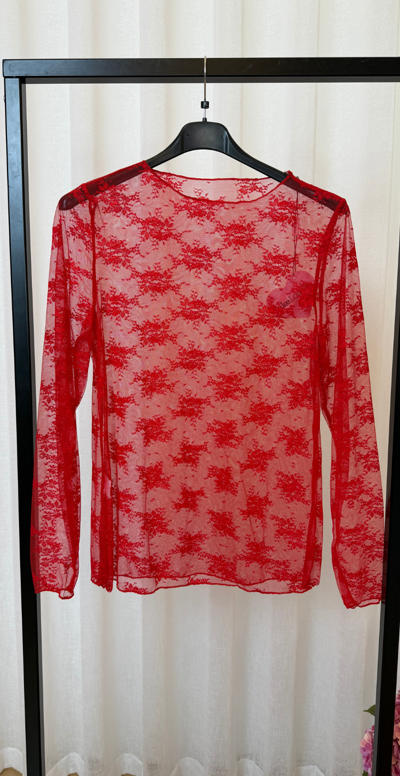 Thea langærmet blondebluse med broderi rød LikeLondon