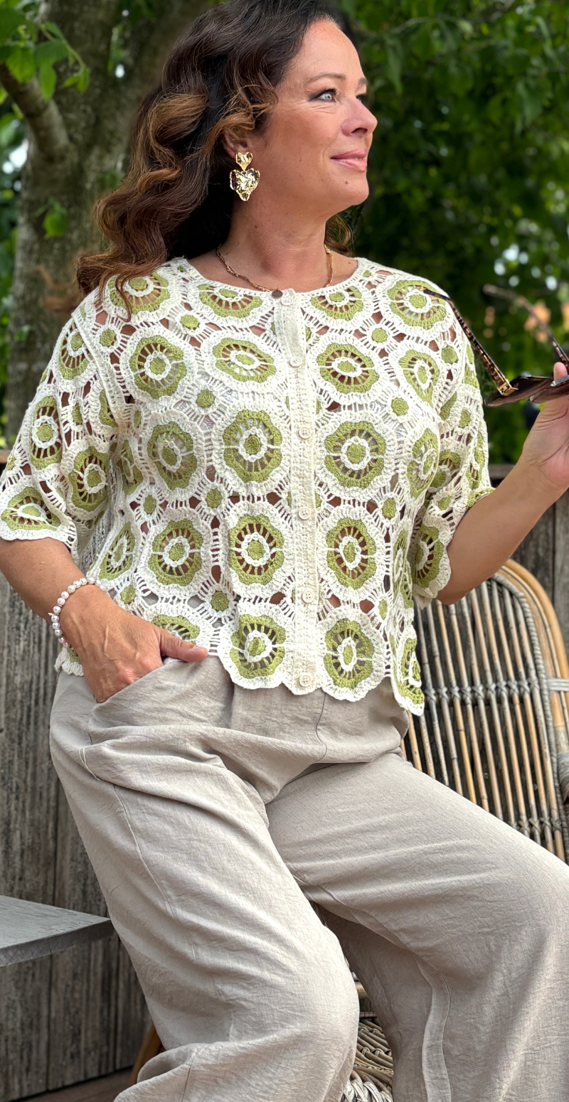 Ginny hæklet cardigan med korte ærmer grøn LikeLondon