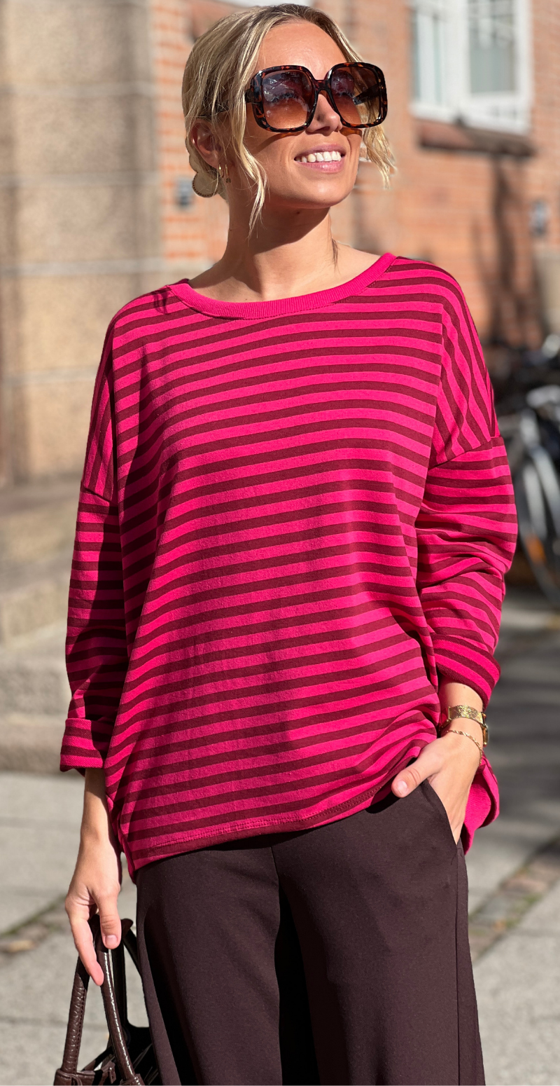 Zenia bluse med lange ærmer og striber wine red/peach red LikeLondon