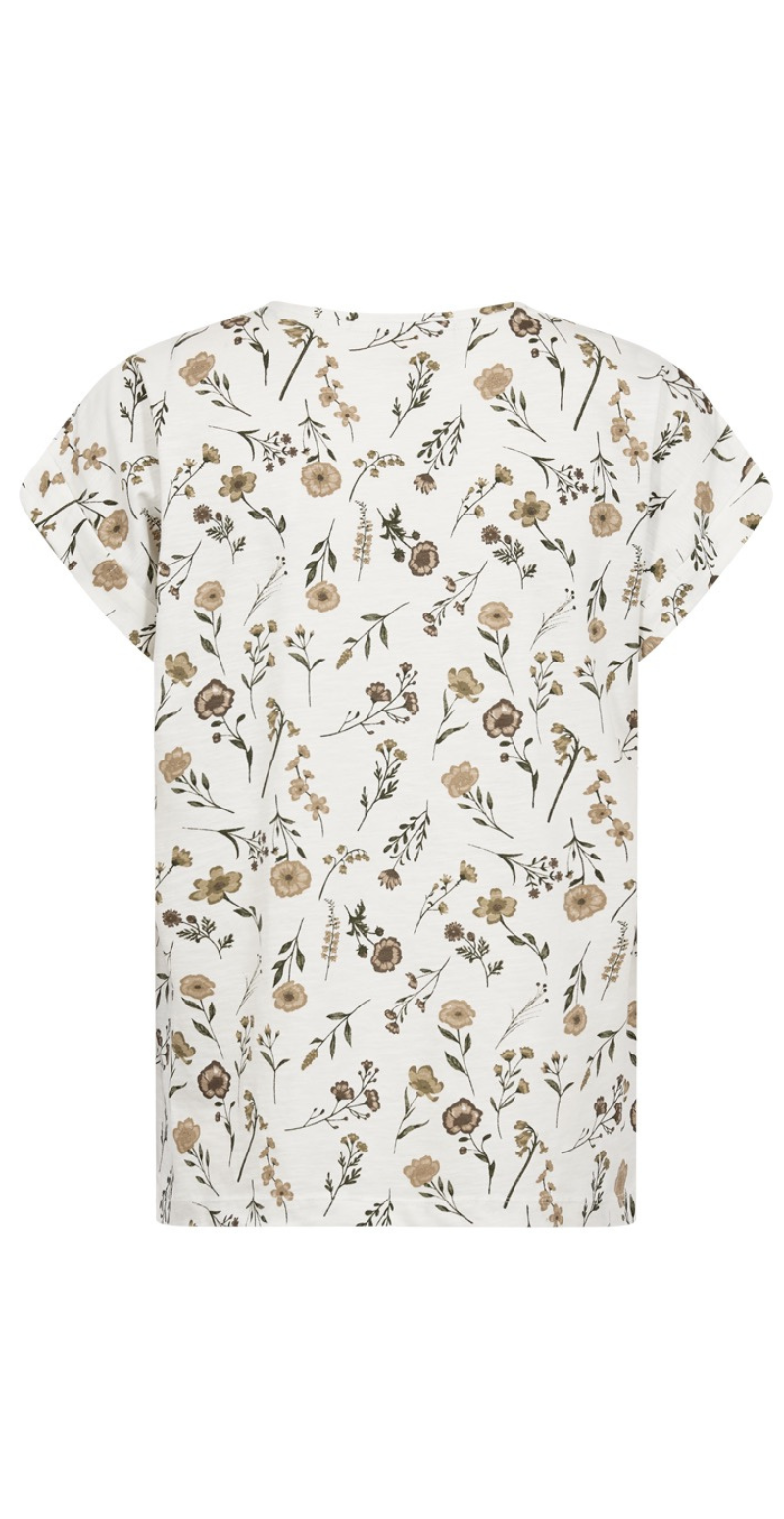 Viva T-shirt med v-hals og blomster star off-white w. silver mink Freequent