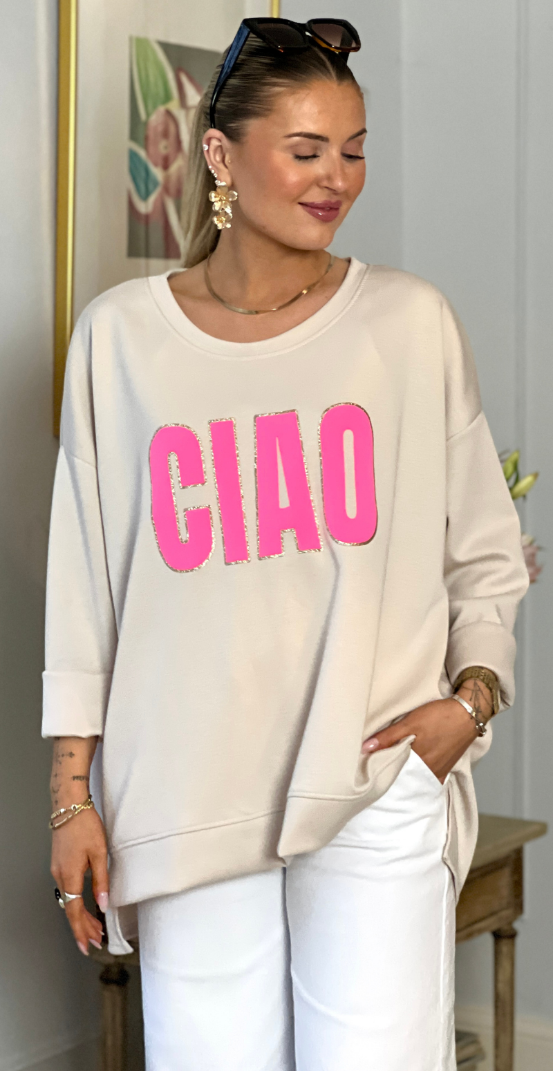Wanda sweatshirt med rund hals og "ciao" beige LikeLondon