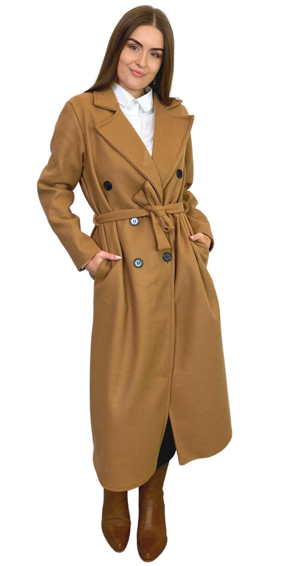 Frakke med bindebånd i taljen camel Likelondon