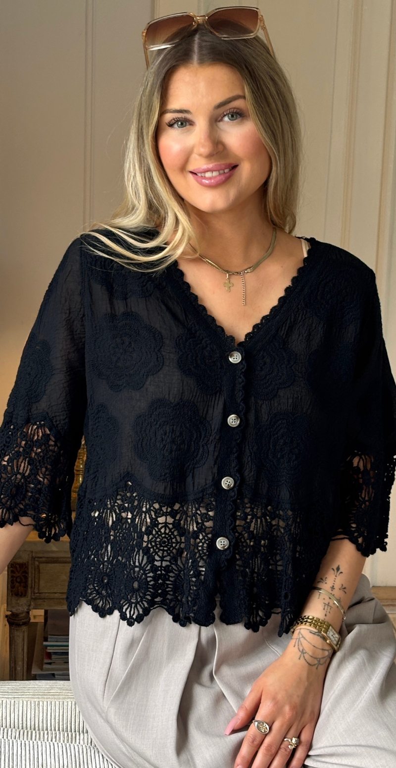 Silvia cardigan med 3/4 ærmer og hæklede kanter sort LikeLondon