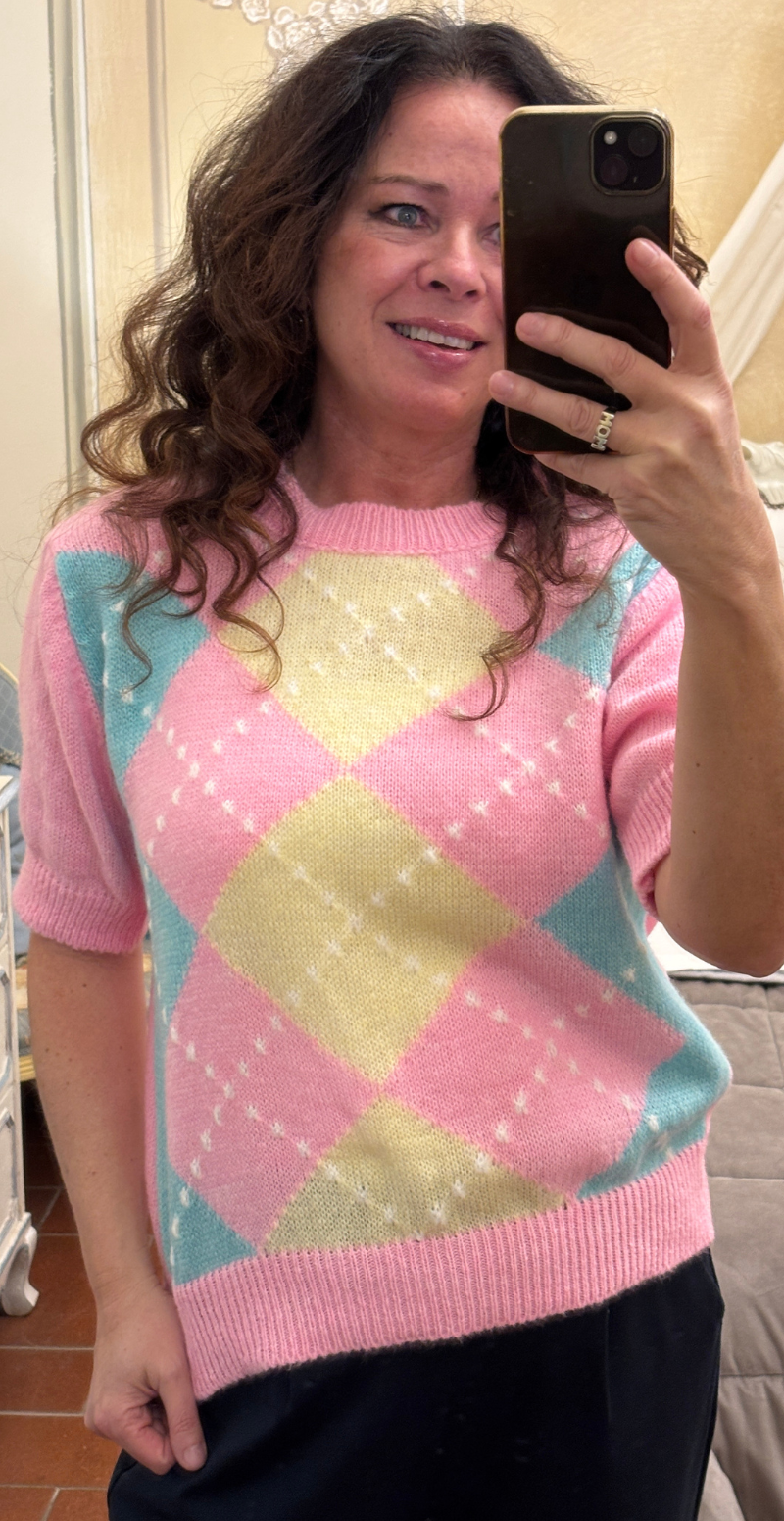 Uma kortærmet strik med harlekin mønster pink LikeLondon