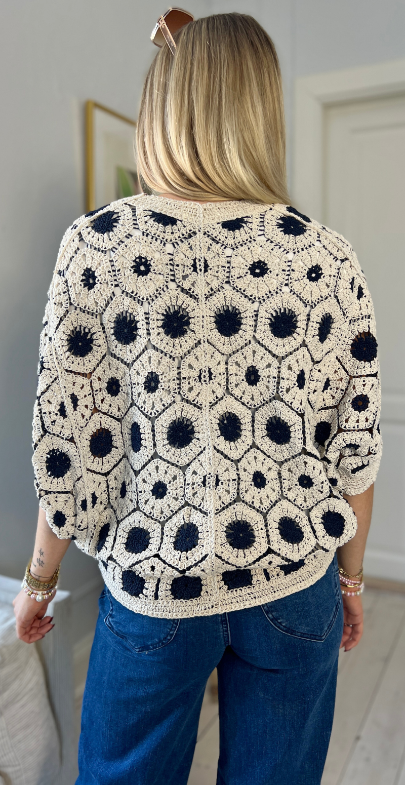 Etina kort cardigan med hæklet mønster og træknapper navy LIkeLondon