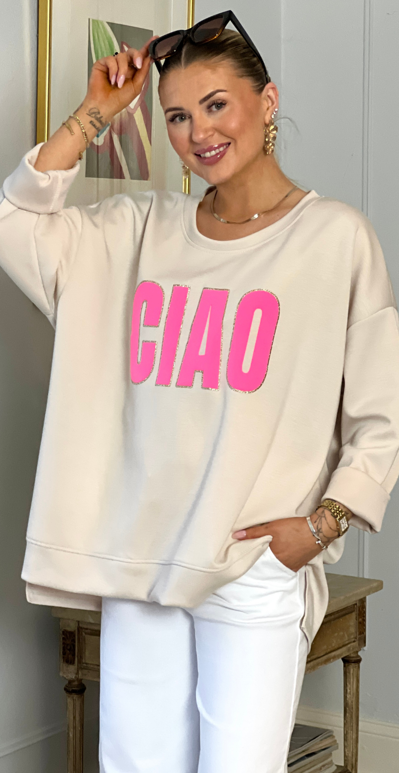 Wanda sweatshirt med rund hals og "ciao" beige LikeLondon