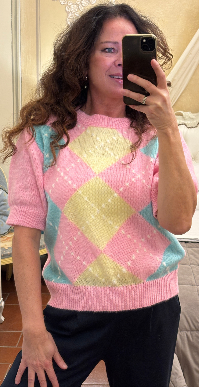 Uma kortærmet strik med harlekin mønster pink LikeLondon