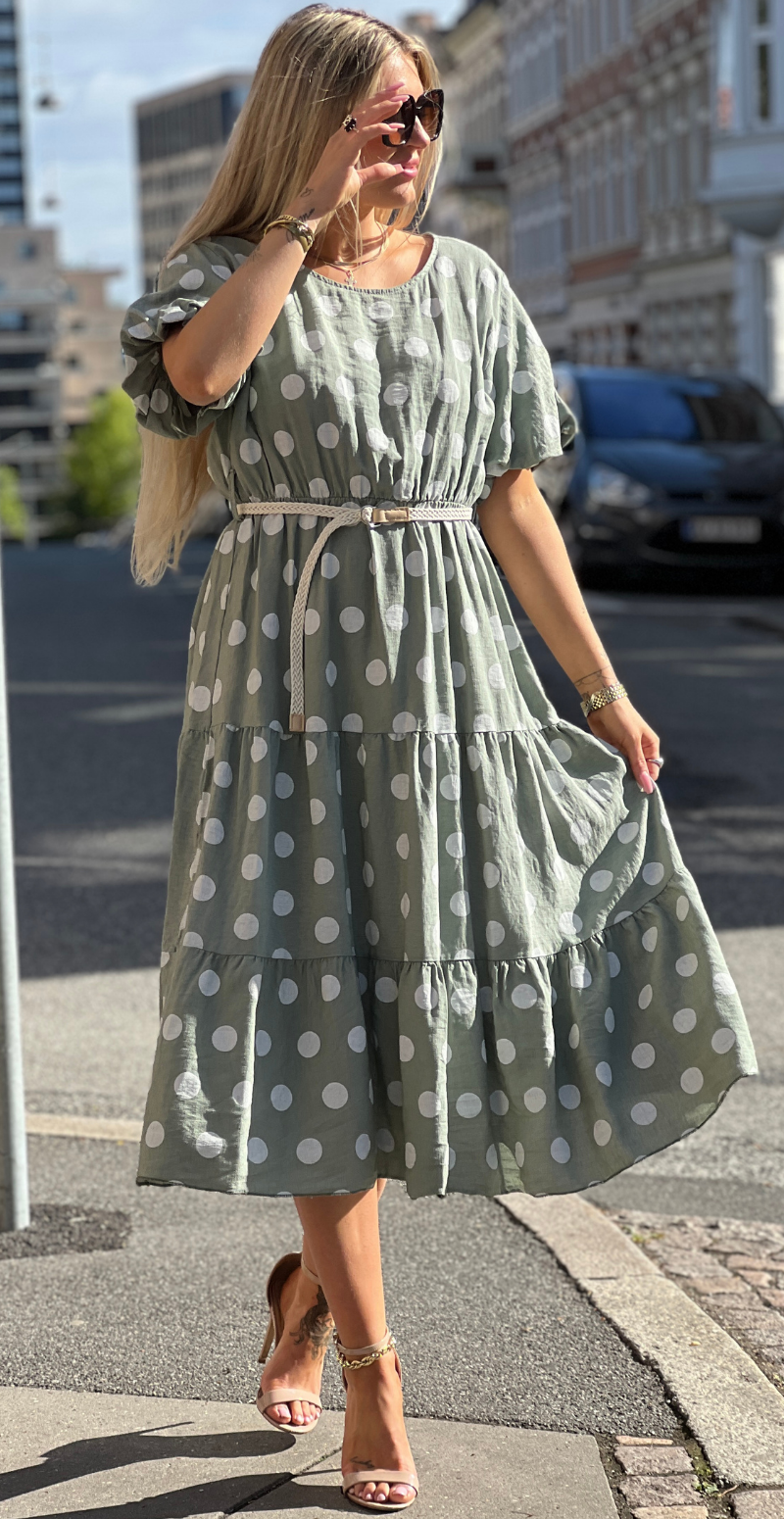 Elly kjole med dots og peplum khaki LikeLondon