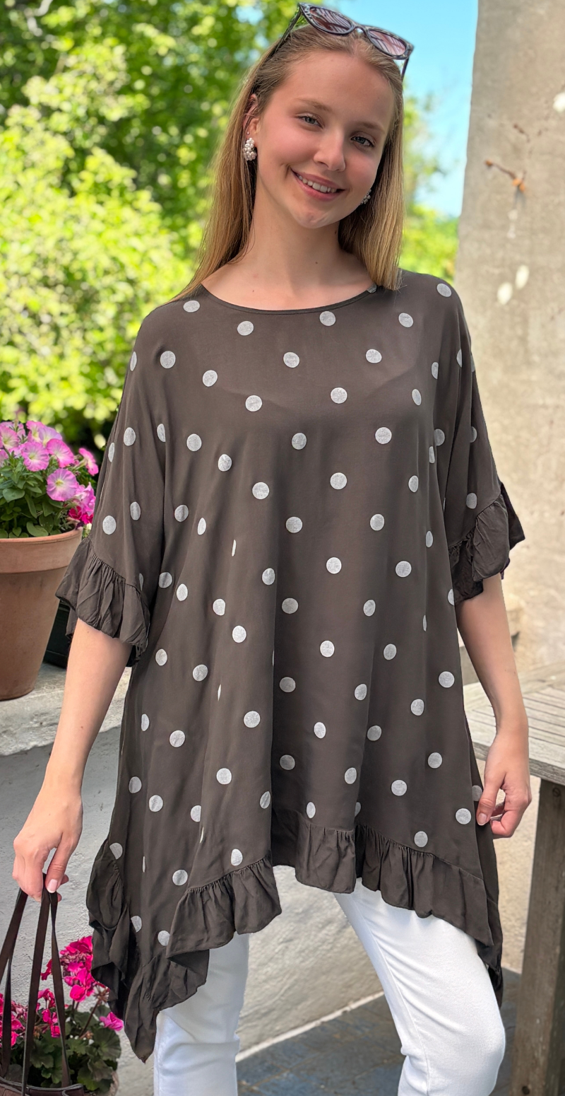 Sigrid bluse med vidde og prikker brun LikeLondon