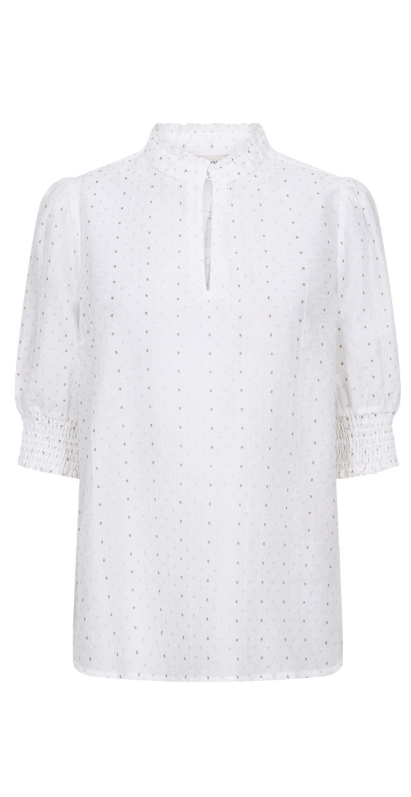 Flory bluse med smock på ærmerne og prikker brilliant white w. silver Freequent