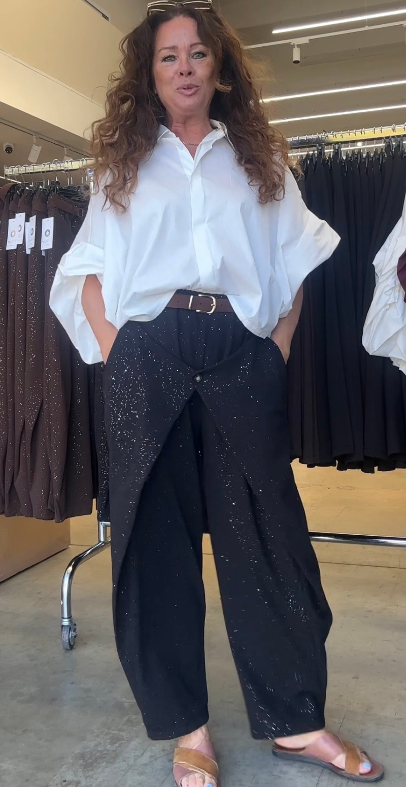 Katarina bukser med wrapdetalje og glimmer sort LikeLondon