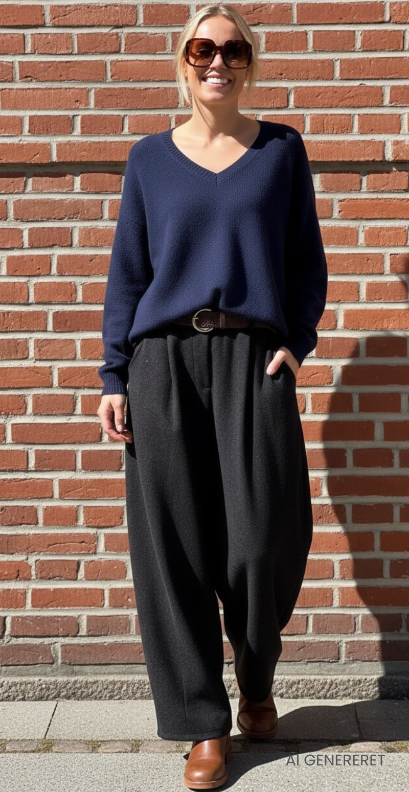 Karen strikbluse i baby alpaca uld med v-hals navy LikeLondon