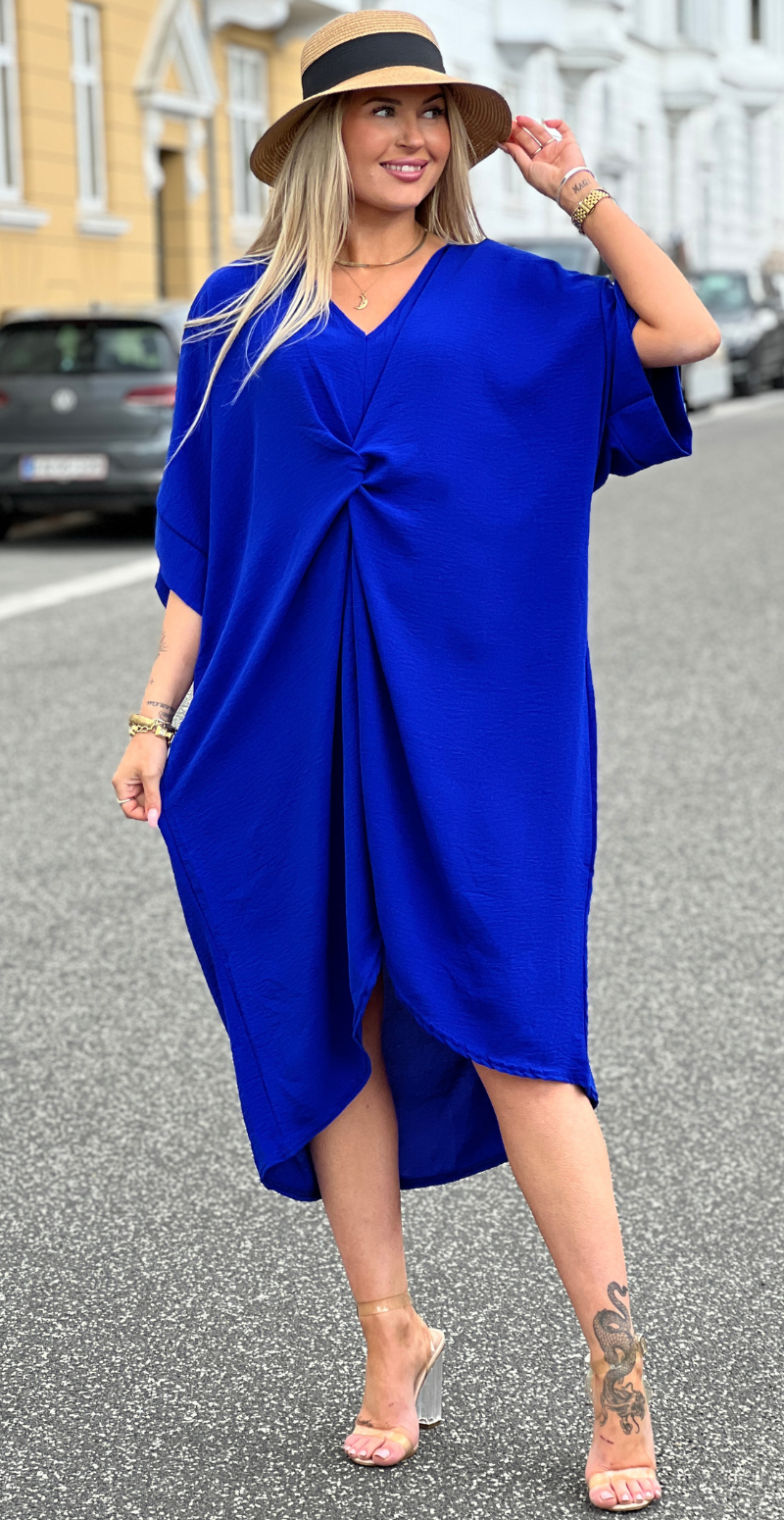 Lisa ensfarvet kjole med knude foran royalblue LikeLondon